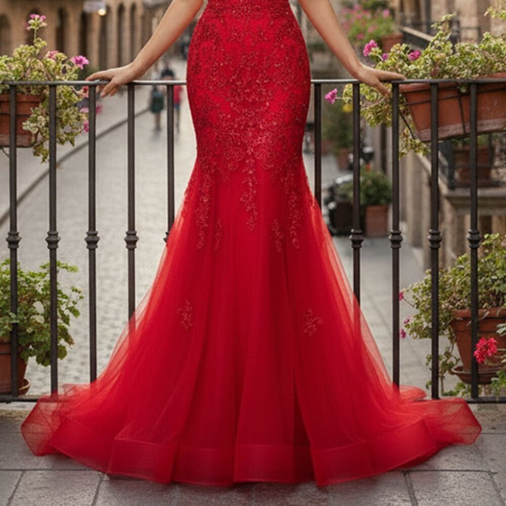 New Strapless Red Mermaid Dress w/ Flare Skirt & Floral Lace Motif AC 7090 - Picture 9 of 9